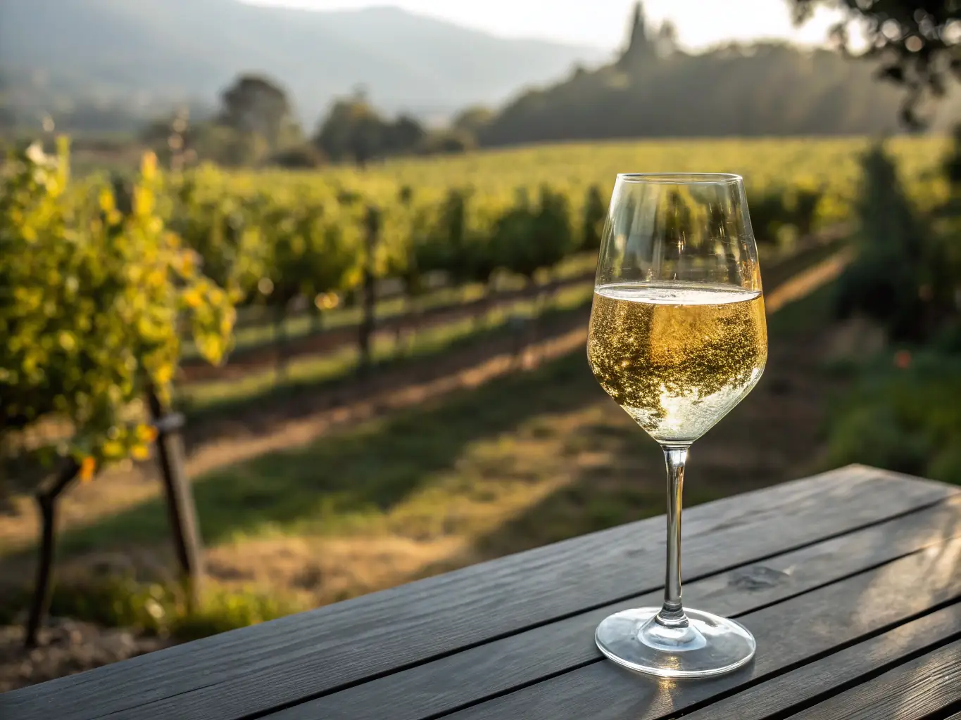 A clear glass of golden Chardonnay with a backdrop of lush vineyards and sunlight, highlighting Forthright Winery's Chardonnay Reserve.